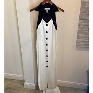 Jessica Howard White Black Button Up Racer Back Halter Maxi Vintage Dress Size 8